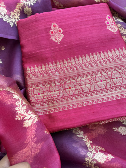 Pink raw silk suit with rangkat dupatta