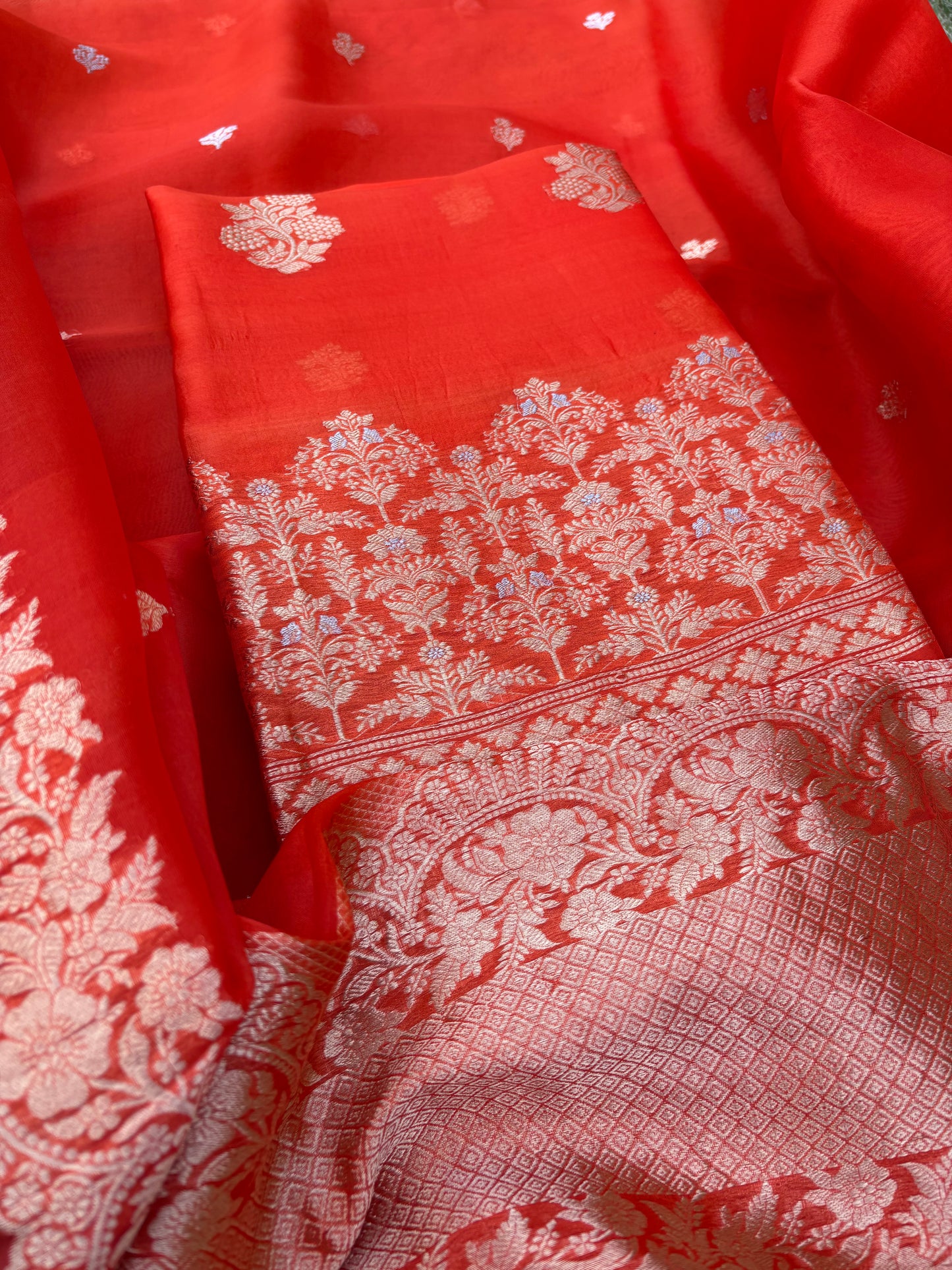 Orange kora kadhwa silk suit set