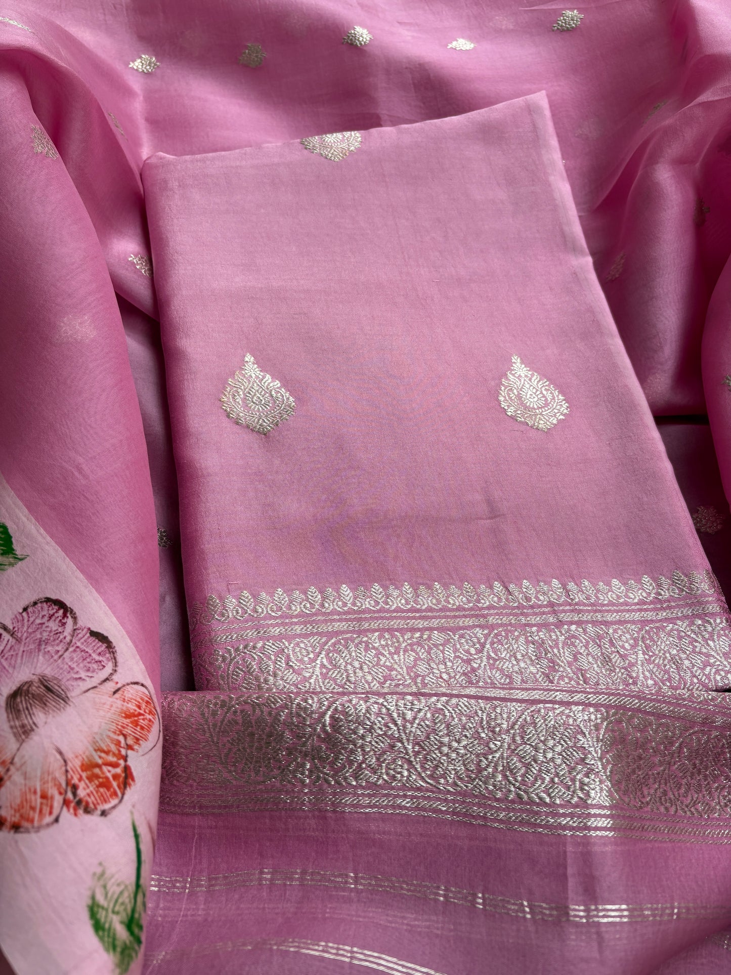 Pink silver zari Chiniya kora suit set