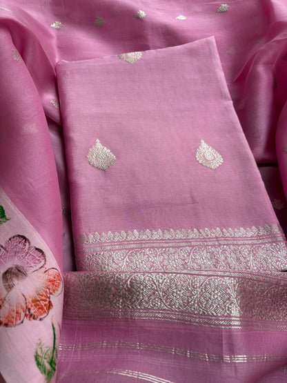 Pink silver zari Chiniya kora suit set