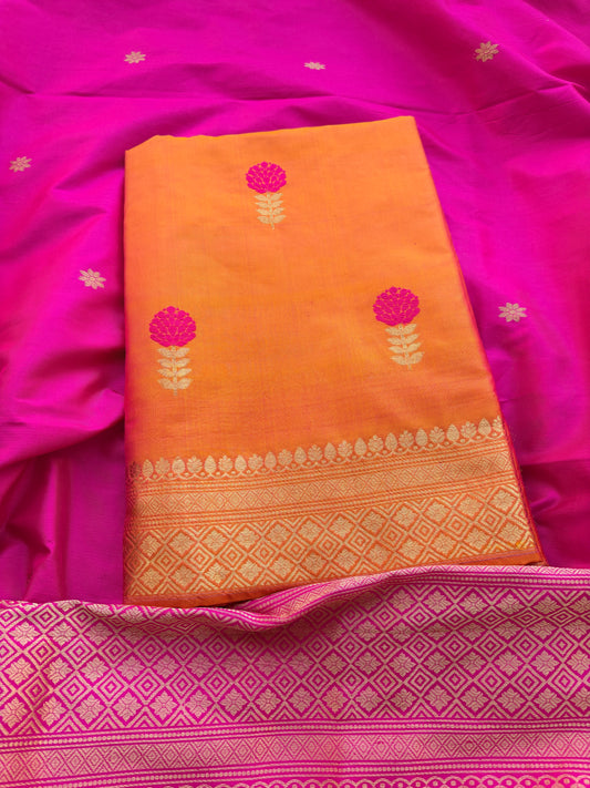 Yellow katan by katan silk suit with rani dupatta