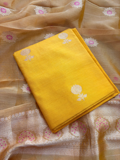 Yellow Chiniya silk kadhwa suit with tissue dupatta