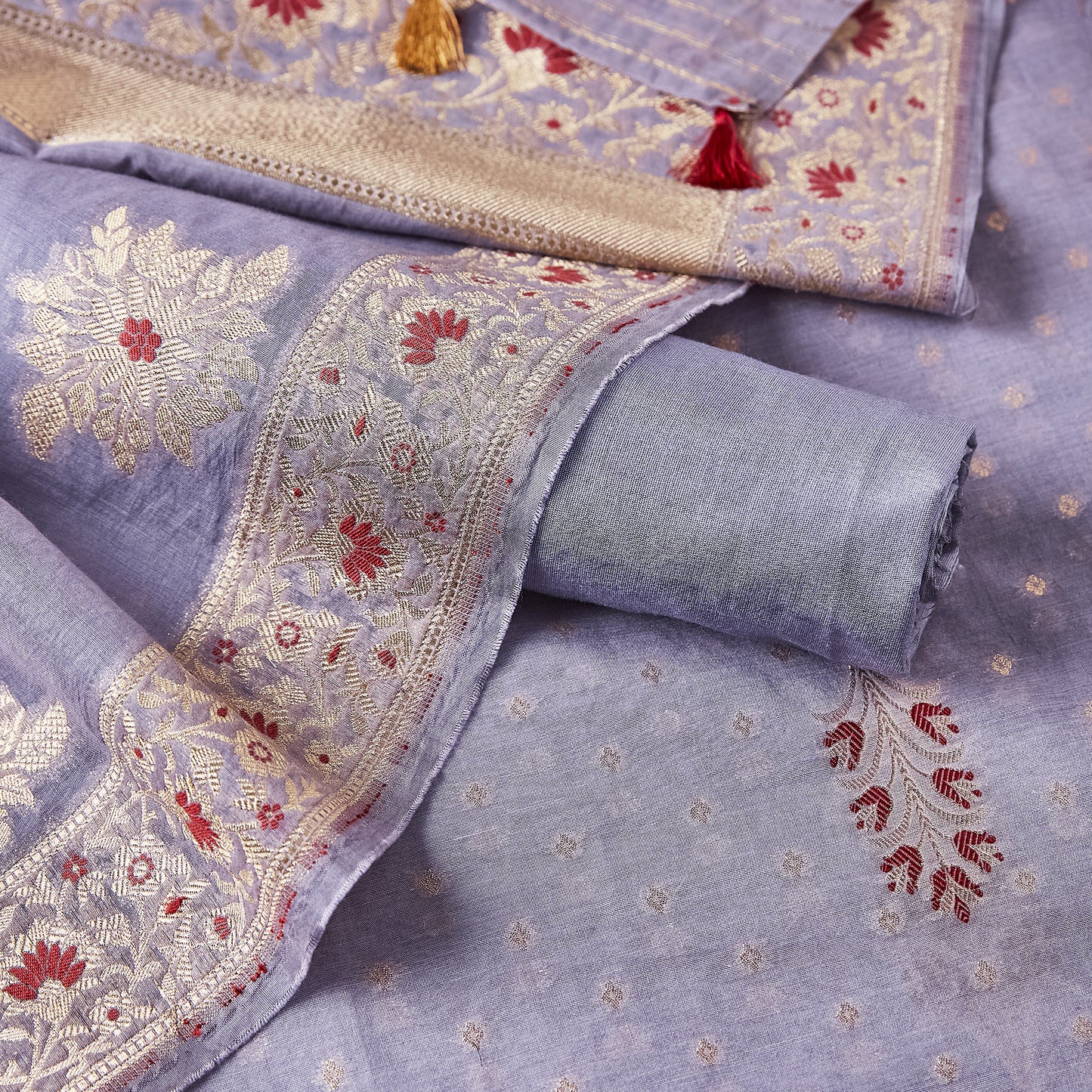 Grey Lavender Meenakari flower Weaving Dupatta, Meenadar bootis on kurta, plain chanderi cotton bottom