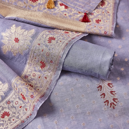 Grey Lavender Meenakari flower Weaving Dupatta, Meenadar bootis on kurta, plain chanderi cotton bottom