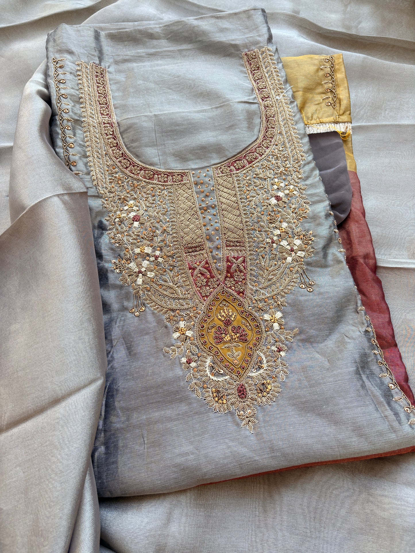 Grey 3 colored tissue hand embroidered suit set