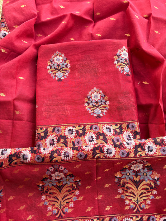 Red meenadar weaving Chanderi suit set