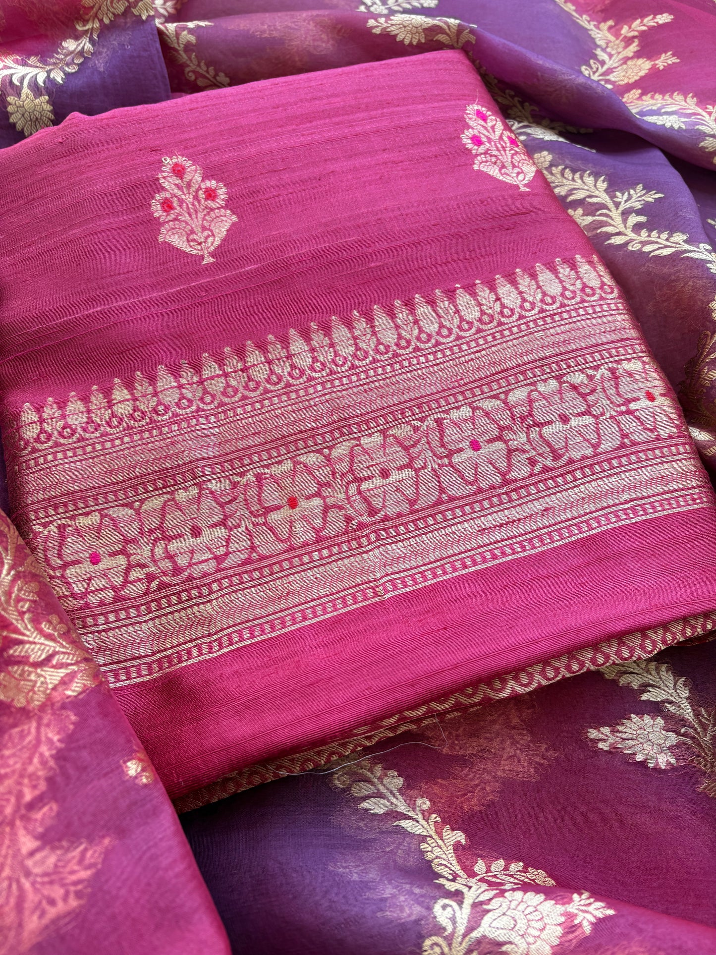 Pink raw silk suit with rangkat dupatta