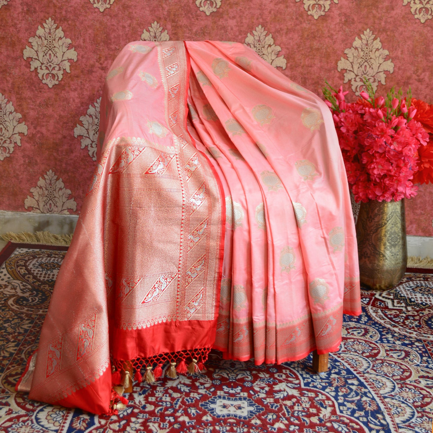Pech Pink mashru chaap dye Silk Saree
