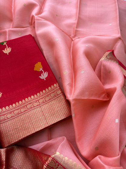 Red kora silk suit set with shaded pink dupatta