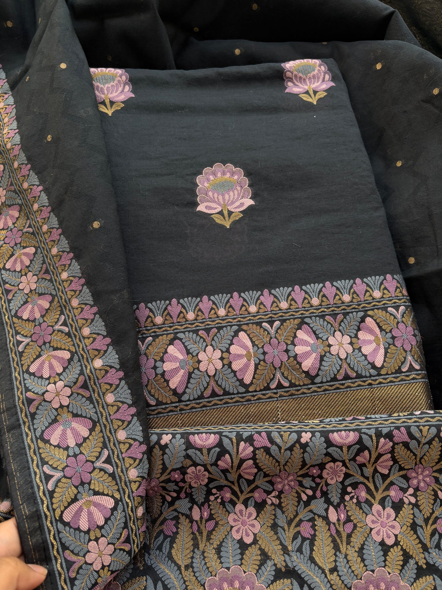 Black Chanderi flower design weaving suit set