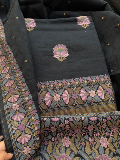 Black Chanderi flower design weaving suit set