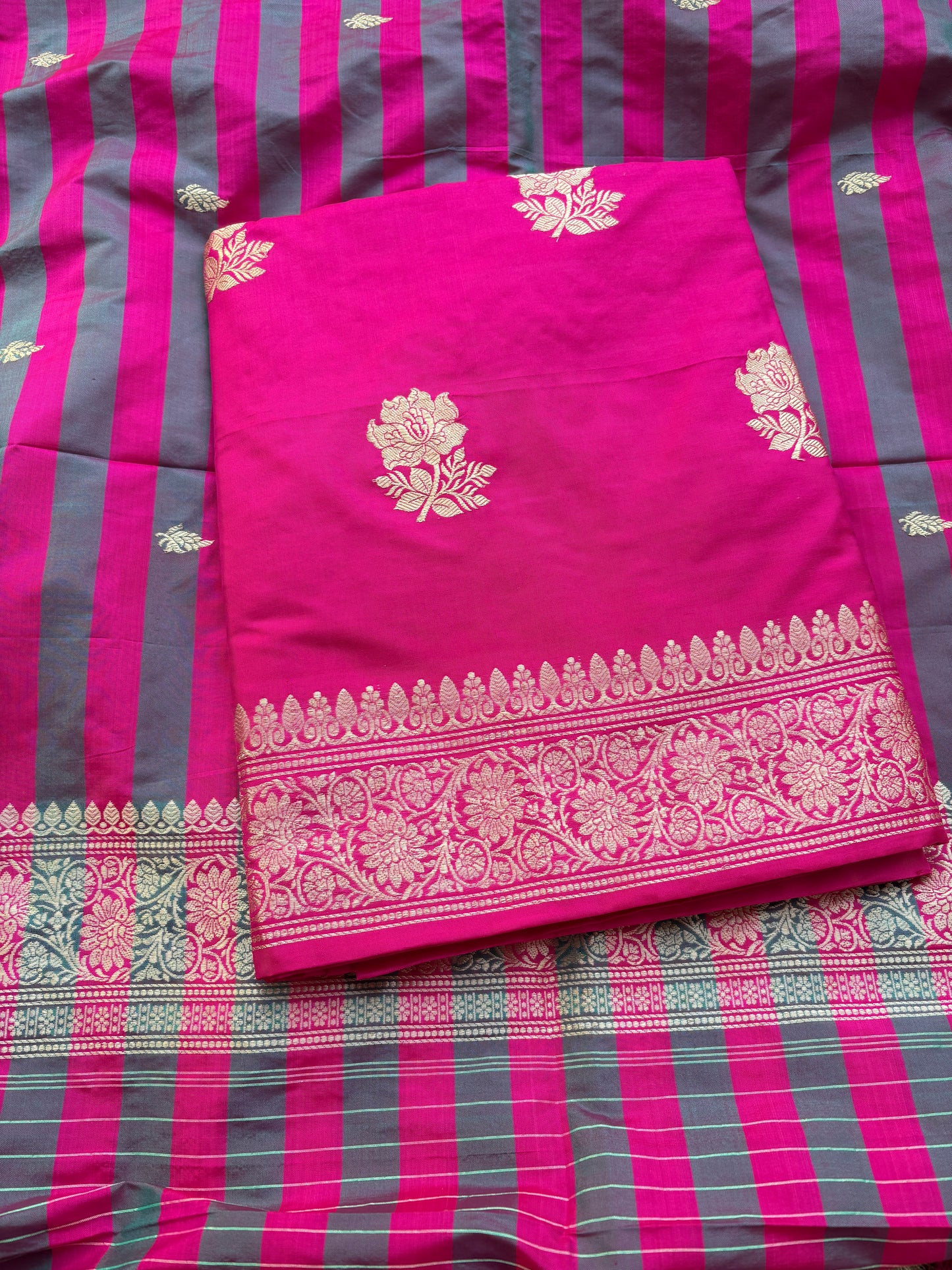 Pink katan by katan silk kadhwa suit set with stripe katan dupatta