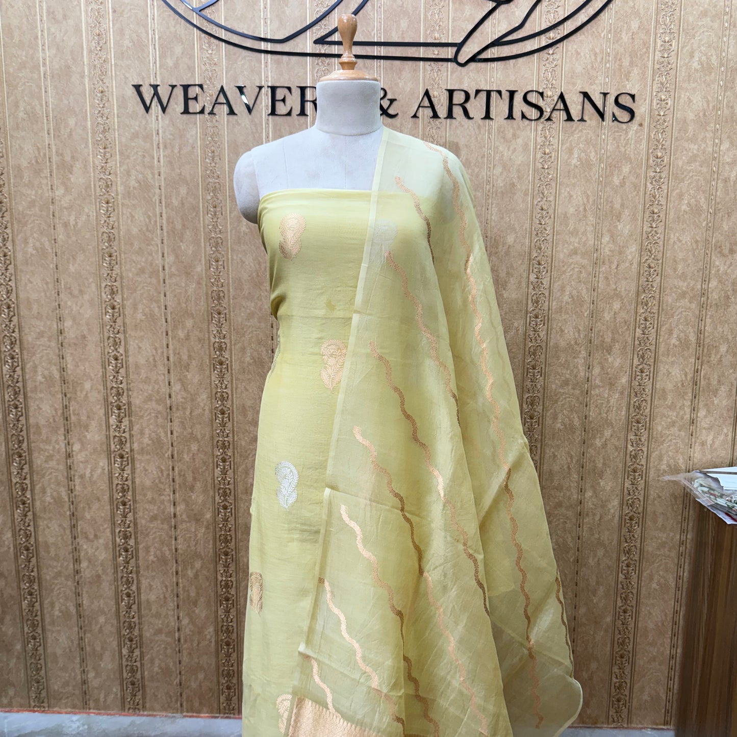 Lime yellow handloom silk suit set with kora silk dupatta