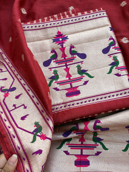 Rust red paithani moonga silk suit set