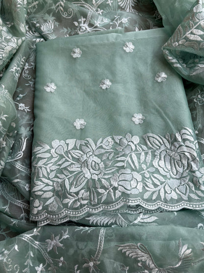 Green kora embroidered 3 piece suit set