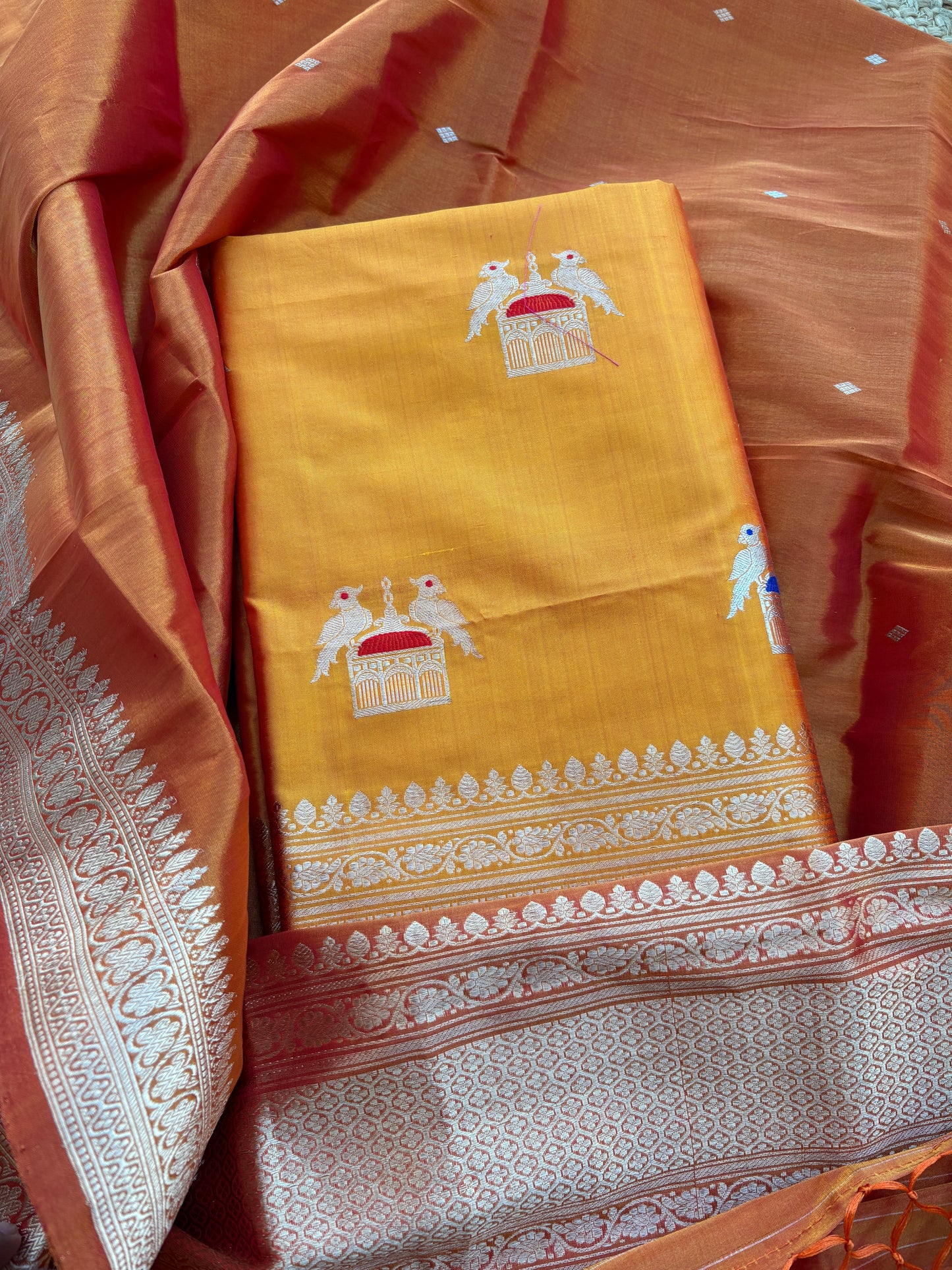 Yellow katan by katan silk with tissue kadhwa dupatta