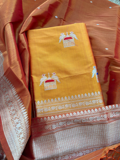 Yellow katan by katan silk with tissue kadhwa dupatta