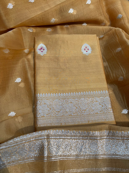 Light yellow meenadar silver zari Chiniya kora suit set