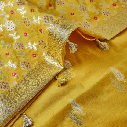 Mustard Twin contrast bootis in kurta, full jaal meenakari weaving dupatta, plain bottom