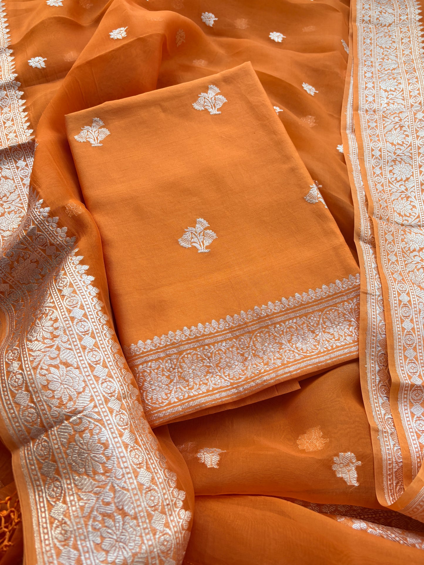 Orange Chiniya kora silk pure silver zari suit set