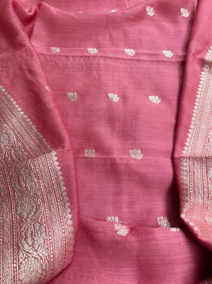 Peach moonga silk silver zari suit set