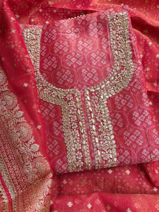 Pink bandhani Kota tissue suit set