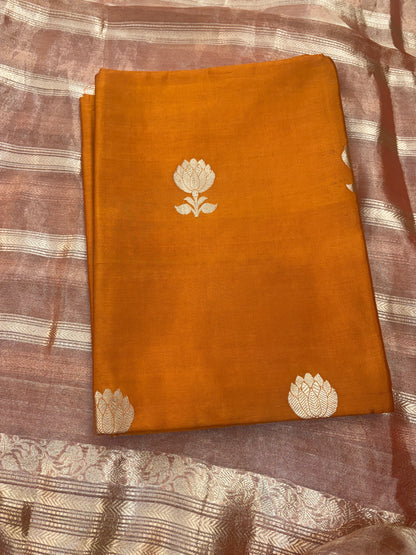 Orange Chiniya silk suit with tissue dupatta