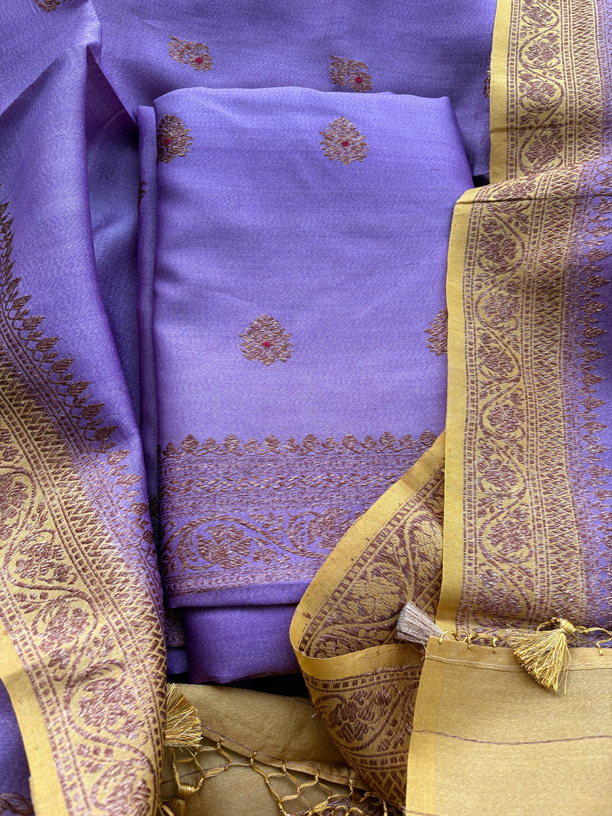 Lavender yellow tussar silk suit set
