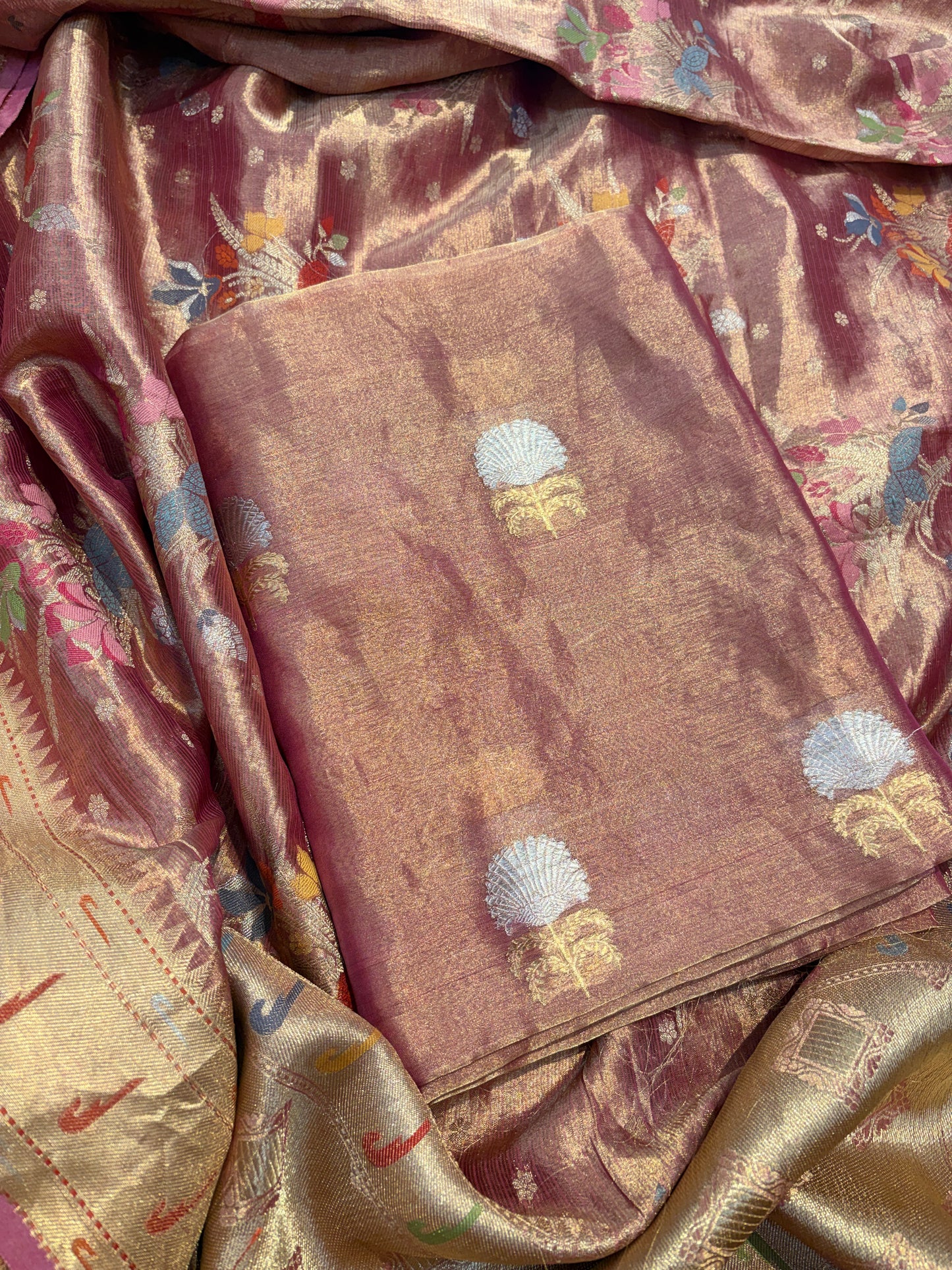 Pink tissue kadhwa suit with jaal dupatta