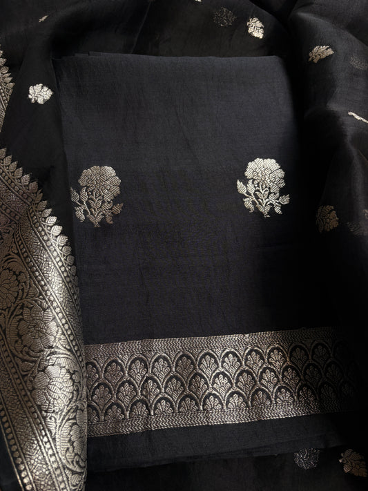 Black silver zari Chiniya silk suit set