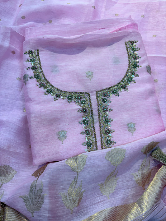 Pink linen suit hand work suit set