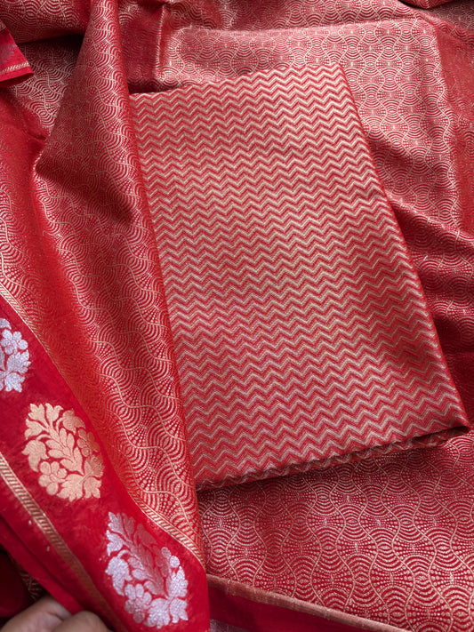 Red cotton tissue silk suit set