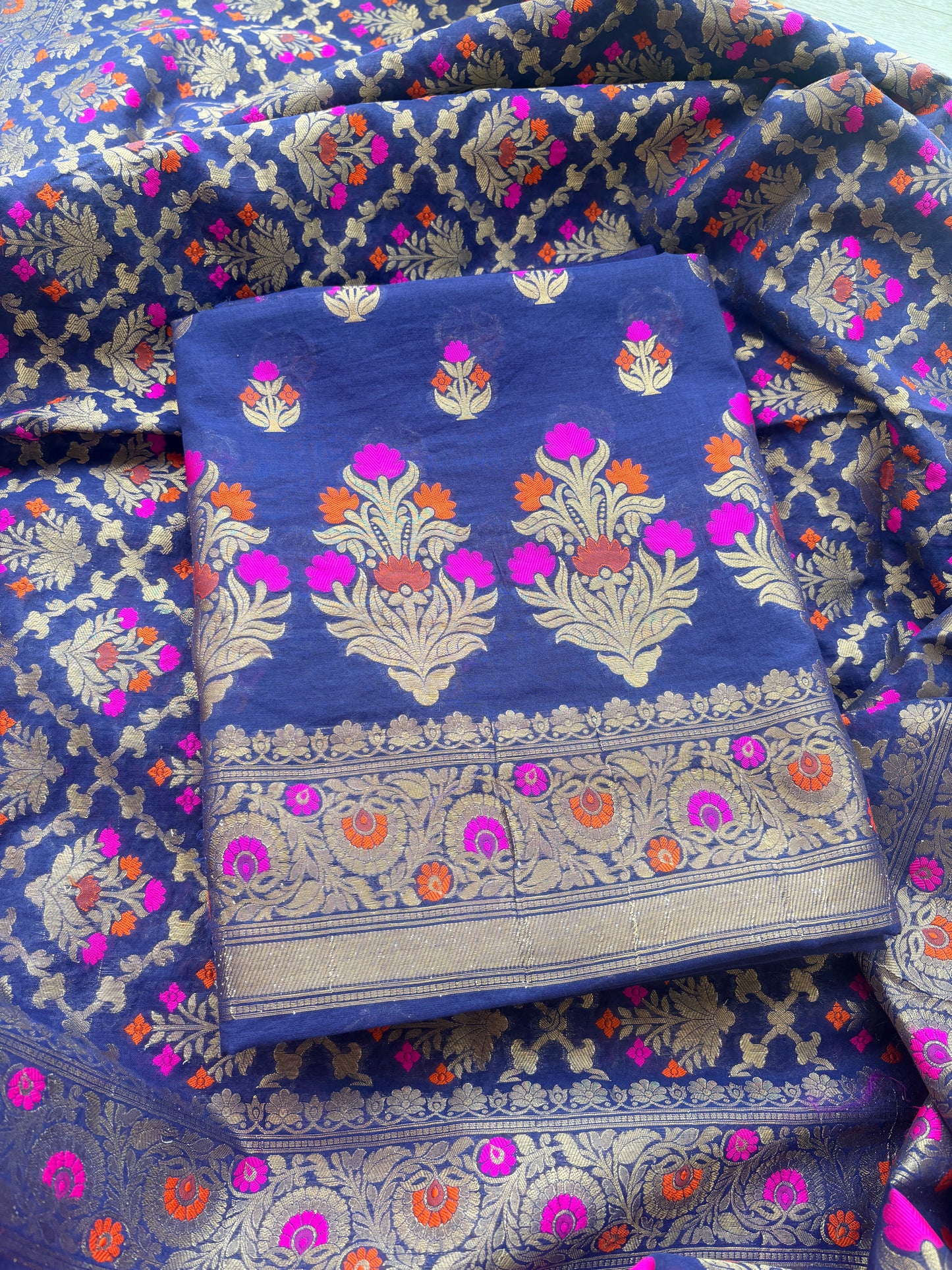 Blue Chanderi Resham zari heaving jaal dupatta suit set