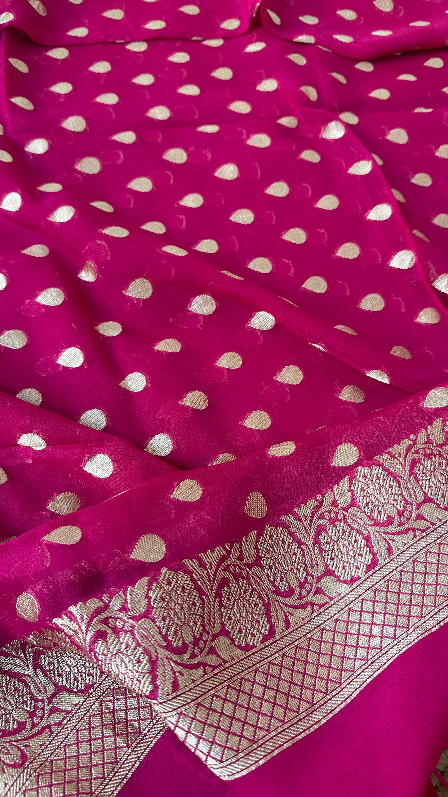 Pink chiniya katan kurta, georgette dupatta, plain silk bottom.