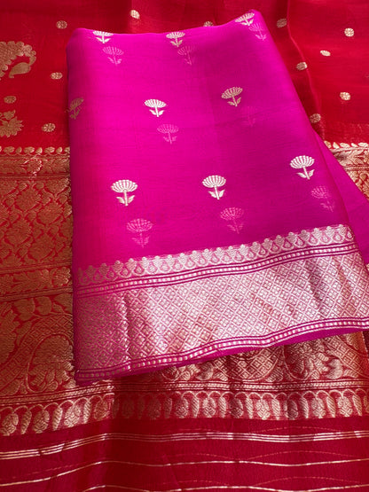 Pink kora silk kurta, red kora dupatta, plain silk bottom