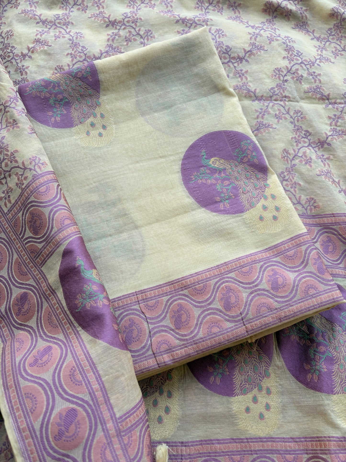 Cream lavender Chanderi cotton suit set