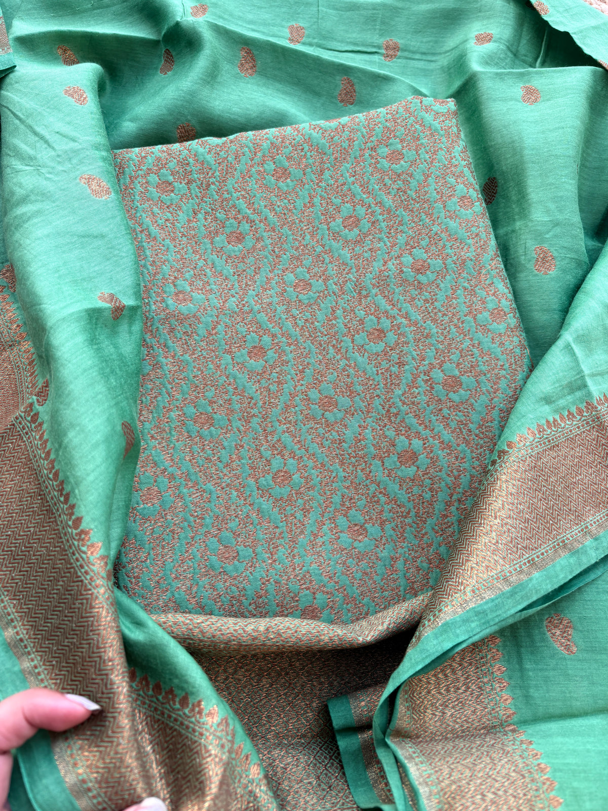 Green cotton silk brocade suit set