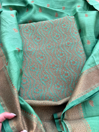 Green cotton silk brocade suit set
