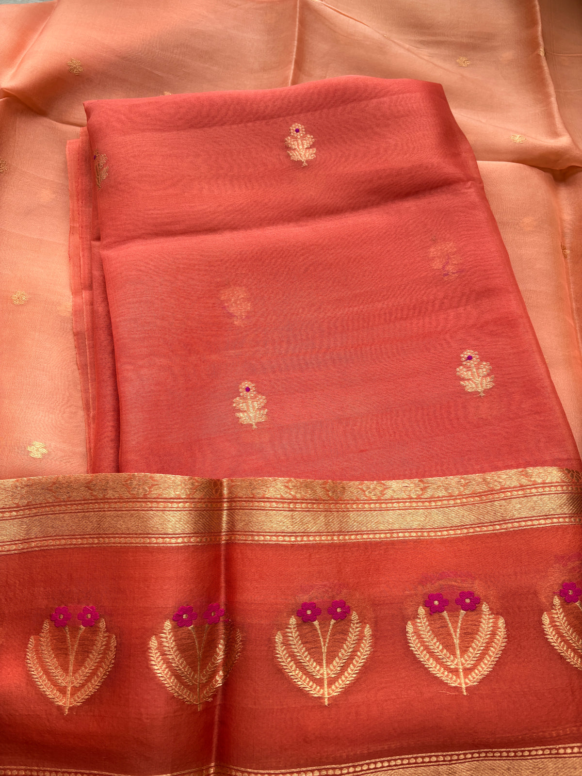 Peach orange kora silk suit set with shaded dupatta