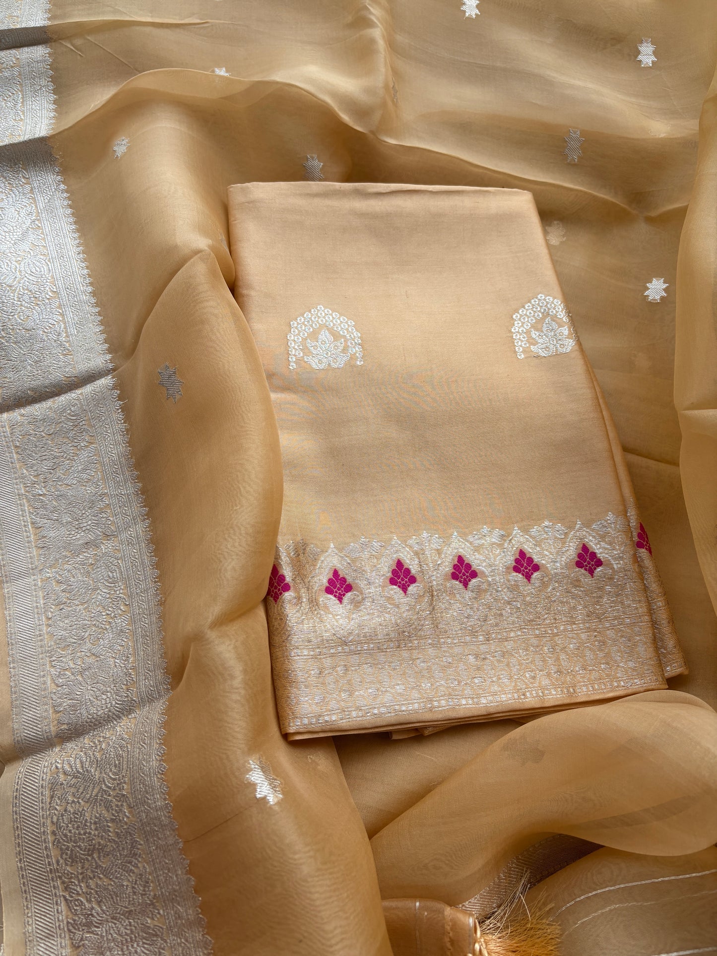Beige Chiniya silk suit set with kora silk silver zari dupatta