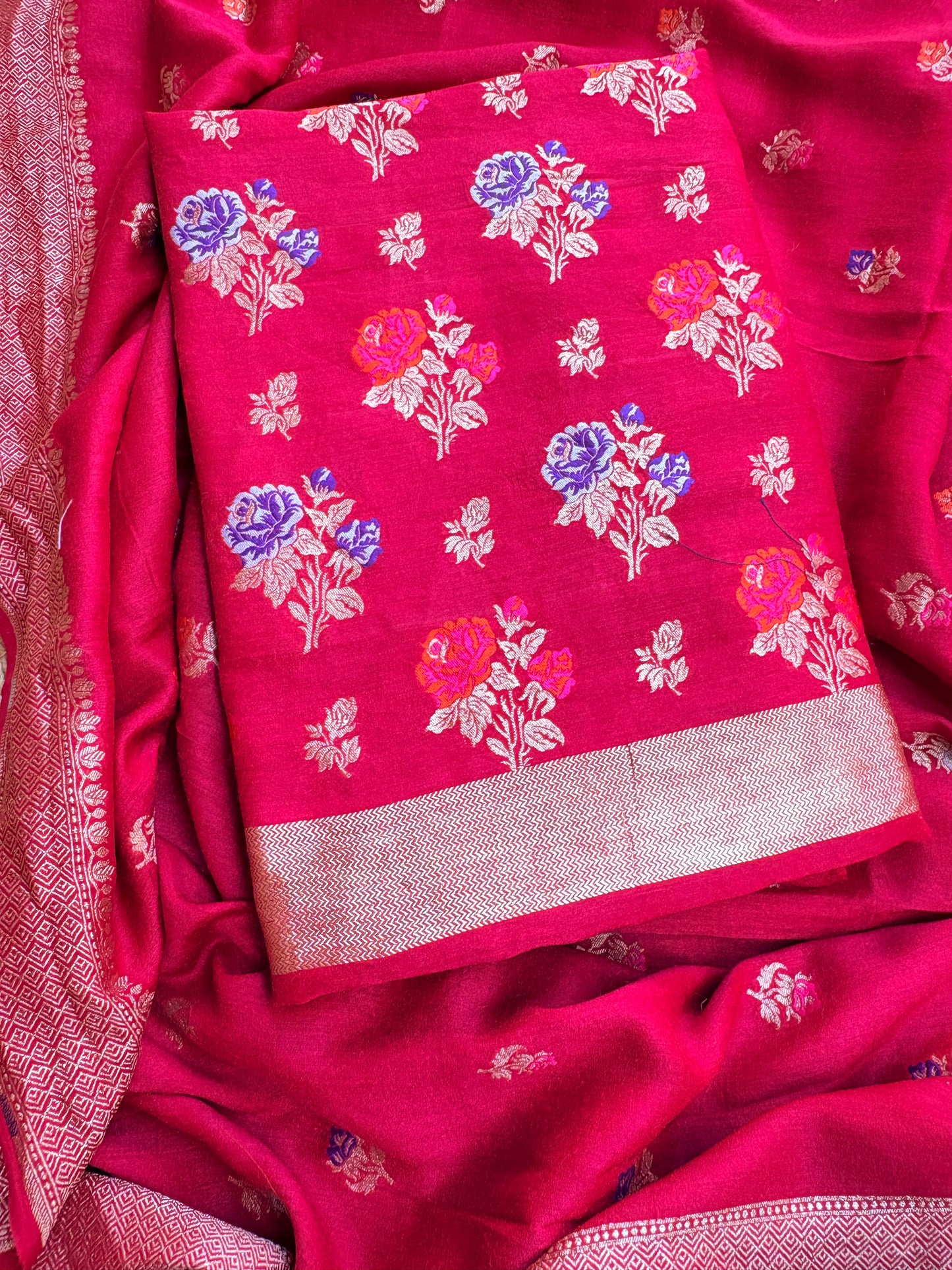Red moonga silk meenadar flower weaving suit set