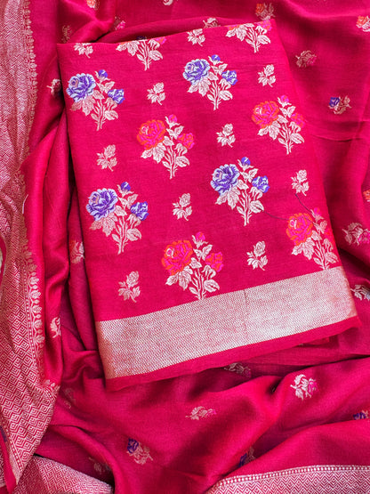Red moonga silk meenadar flower weaving suit set