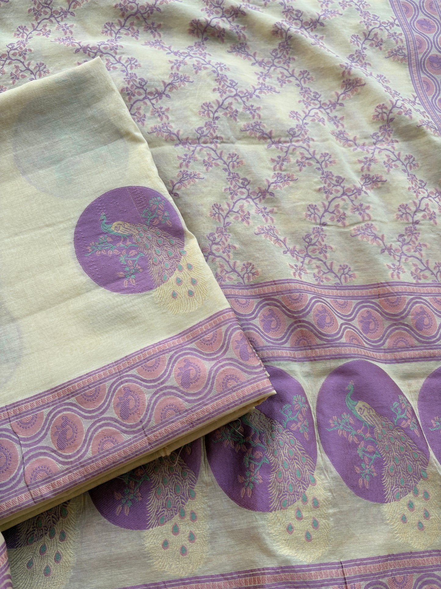 Cream lavender Chanderi cotton suit set