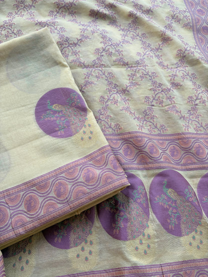 Cream lavender Chanderi cotton suit set