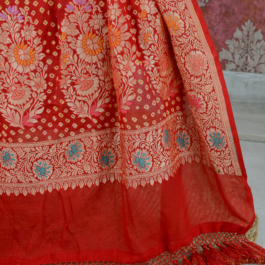 Red bandhani Meenadar Khaddi georgette  dupatta