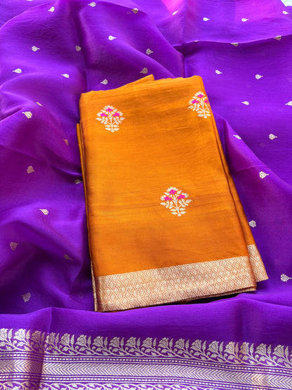 Rust orange suit with purple kora silk dupatta