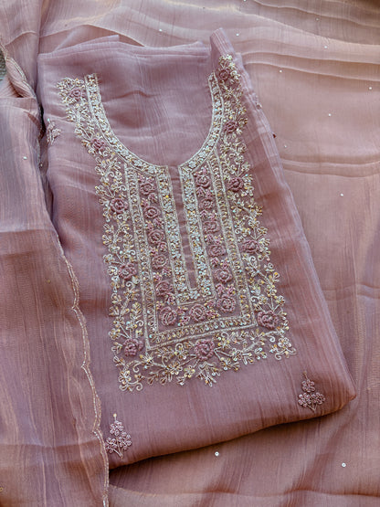 Pink hand embroidered tissue silk suit set