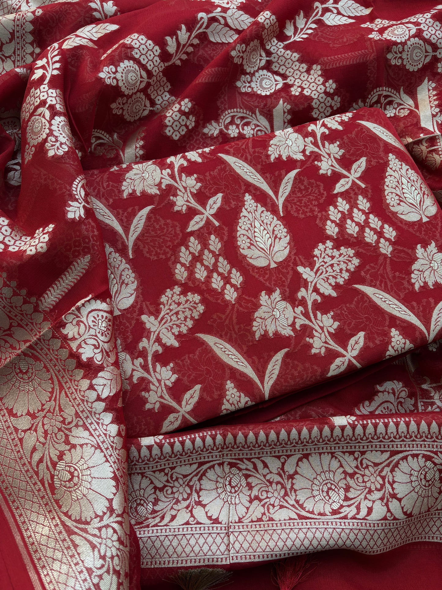 Red Khaddi georgette handwoven suit set