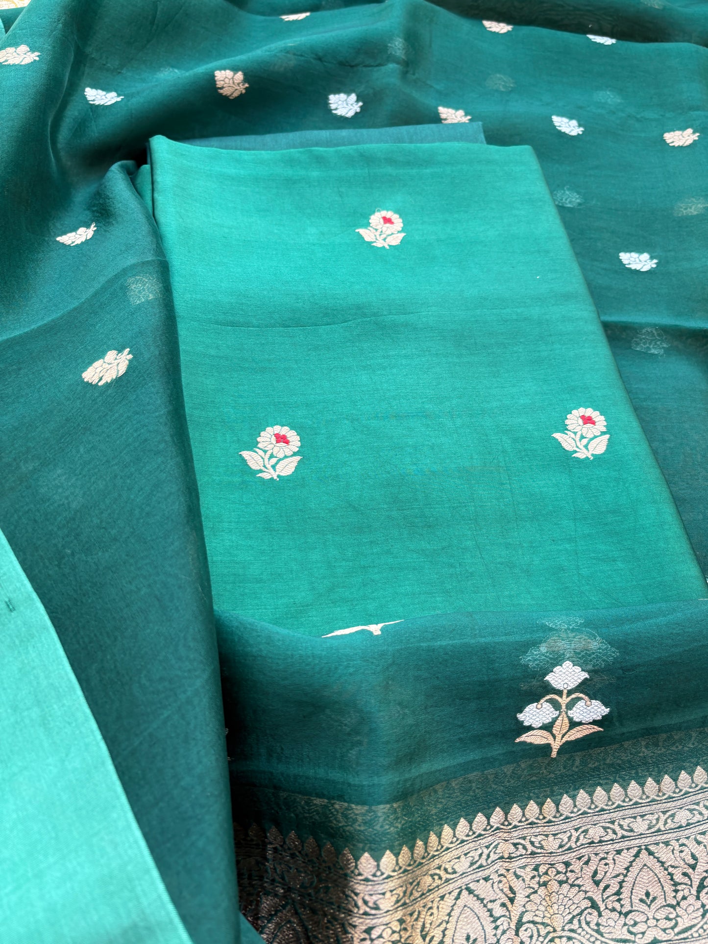 Green Chiniya silk kora dupatta suit set