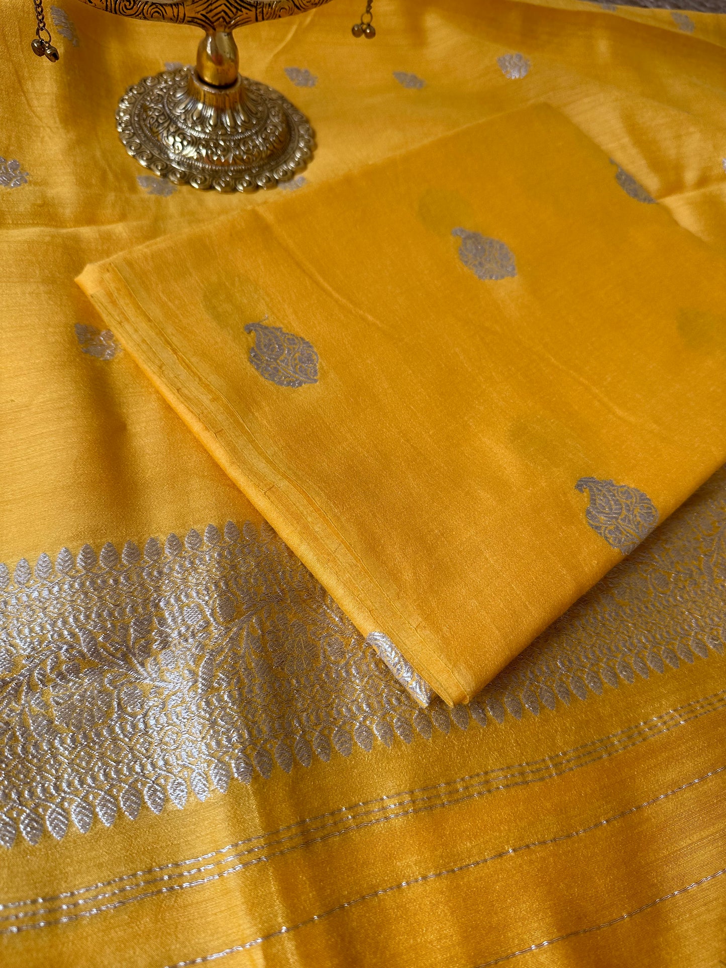 Yellow Silver zari moonga silk 3 piece suit set